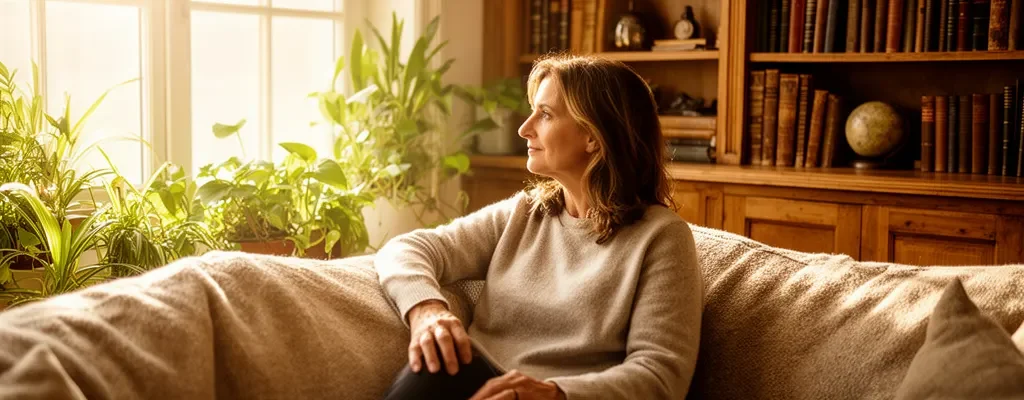 Femme d'âge moyen dans un salon lumineux, moment de réflexion naturel près d'une fenêtre