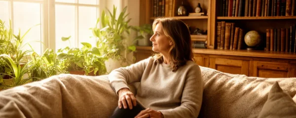 Femme d'âge moyen dans un salon lumineux, moment de réflexion naturel près d'une fenêtre