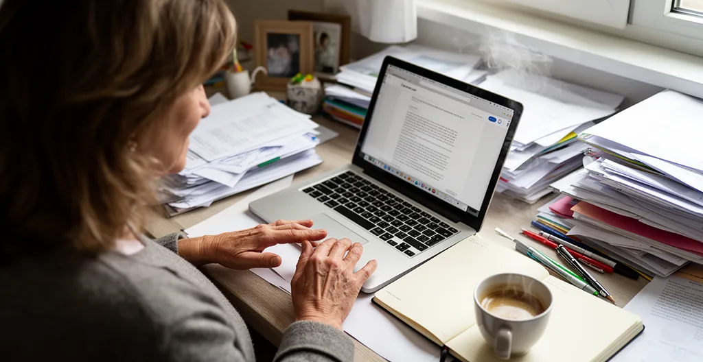 Personne vue par-dessus l'épaule travaillant sur ordinateur dans un bureau à domicile